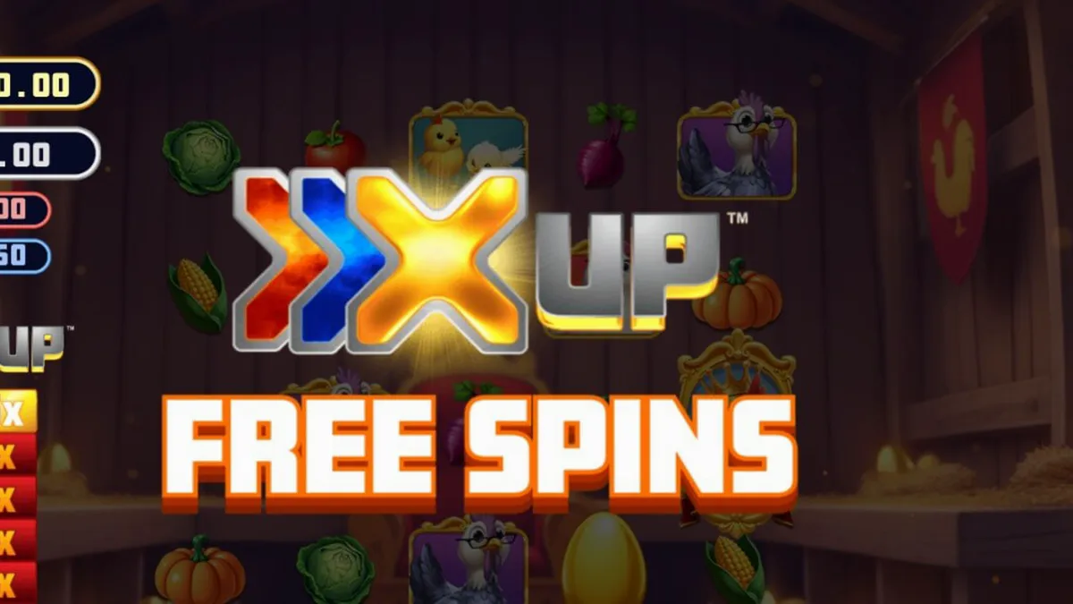 Interface colorida e rural do slot Rey Gallo X UP com símbolos de animais e ovos dourados